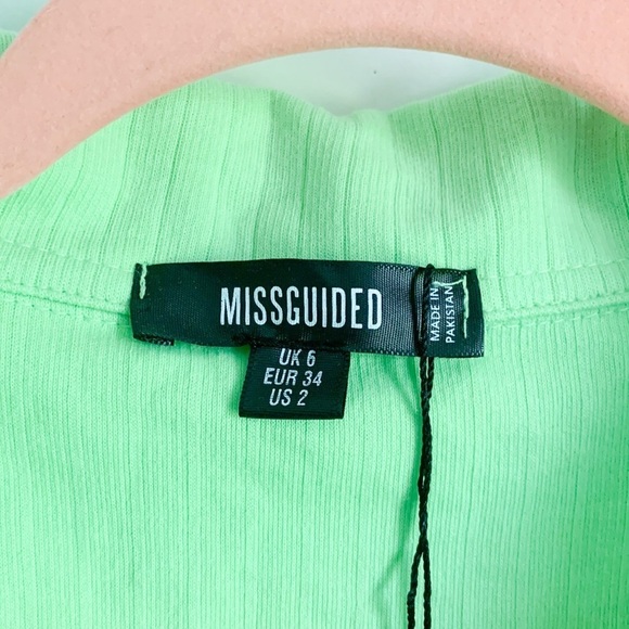 Missguided Rib V Neck Collar Detail Mini Dress Neon Green 2 - Picture 5 of 7